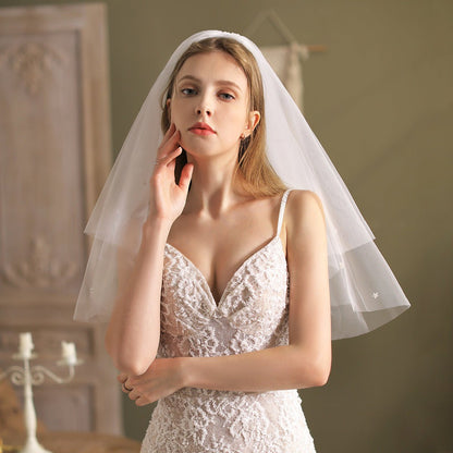 Shoulder Length Bridal Veil 2 Tiers-Accessories 2025 -Viniodress-Ivory-