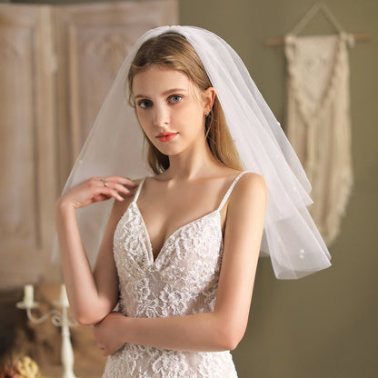 Shoulder Length Bridal Veil 2 Tiers-Accessories 2025 -Viniodress-Ivory-
