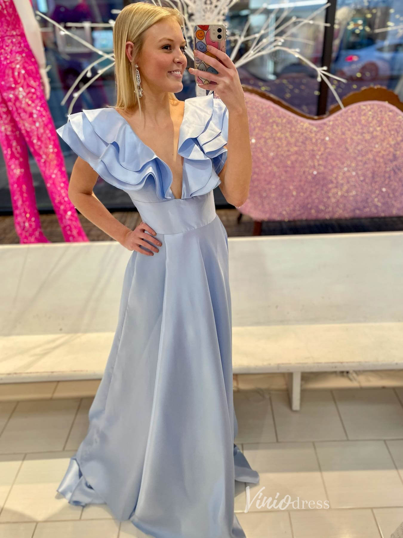 Silky Satin Prom Dresses Ruffled V-Neck Formal Dress with Slit FD3984-prom dresses 2025 -Viniodress-Light Blue-Custom Size-