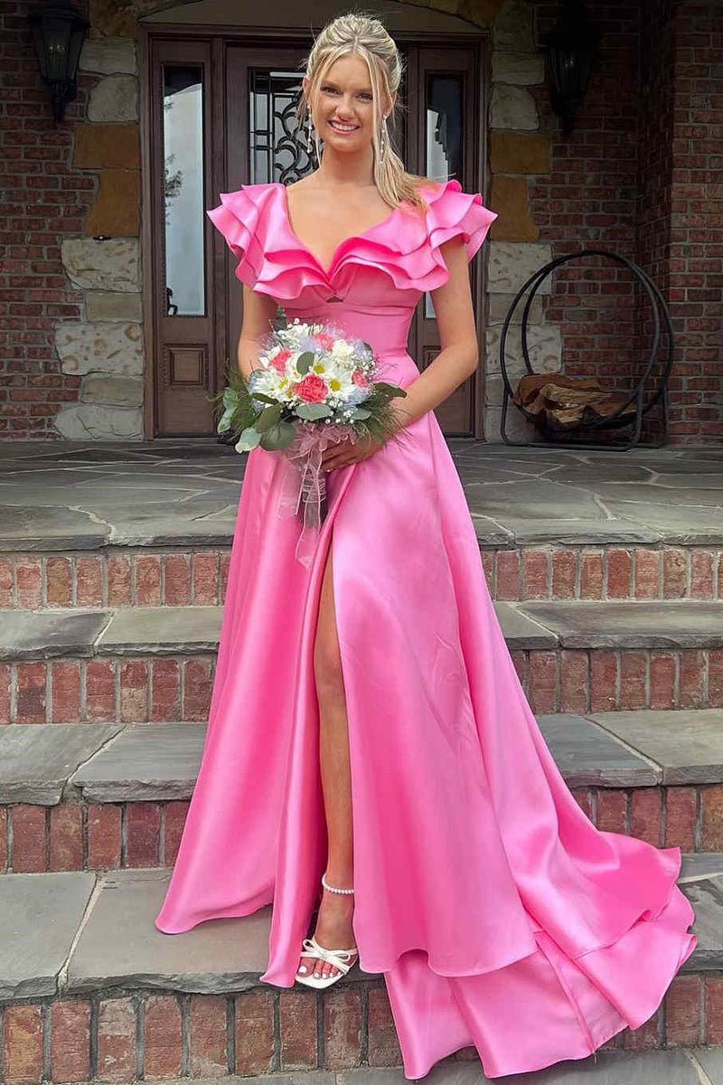 Silky Satin Prom Dresses Ruffled V-Neck Formal Dress with Slit FD3984-prom dresses 2025 -Viniodress-Pink-Custom Size-