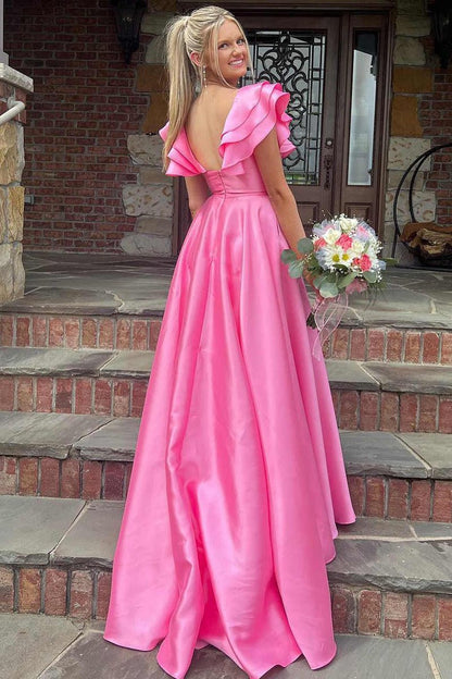 Silky Satin Prom Dresses Ruffled V-Neck Formal Dress with Slit FD3984-prom dresses 2025 -Viniodress-Pink-Custom Size-
