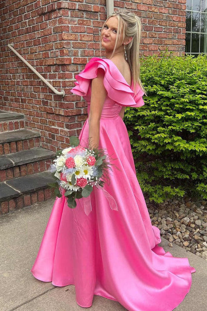 Silky Satin Prom Dresses Ruffled V-Neck Formal Dress with Slit FD3984-prom dresses 2025 -Viniodress-Pink-Custom Size-