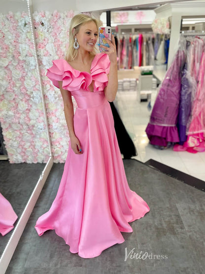 Silky Satin Prom Dresses Ruffled V-Neck Formal Dress with Slit FD3984-prom dresses 2025 -Viniodress-Pink-Custom Size-