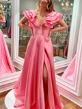 Silky Satin Prom Dresses Ruffled V-Neck Formal Dress with Slit FD3984-prom dresses-Viniodress-Viniodress