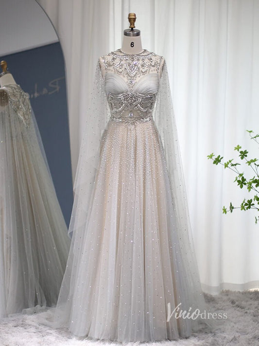 Silver Beaded A-line Prom Dresses Cape Sleeve FD2612-Evening Dresses 2025 -VINIODRESS-Silver-US2-