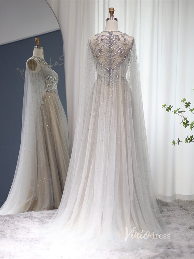 Silver Beaded A-line Prom Dresses Cape Sleeve FD2612-Evening Dresses 2025 -VINIODRESS-Silver-US2-