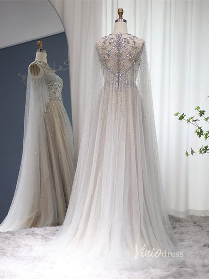 Silver Beaded A-line Prom Dresses Cape Sleeve FD2612-Evening Dresses 2025 -VINIODRESS-Silver-US2-