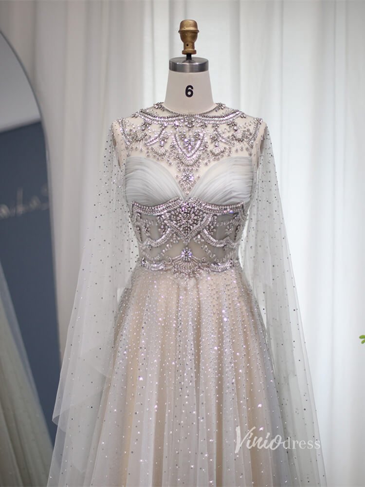 Silver Beaded A-line Prom Dresses Cape Sleeve FD2612-Evening Dresses 2025 -VINIODRESS-Silver-US2-
