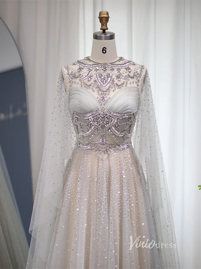 Silver Beaded A-line Prom Dresses Cape Sleeve FD2612-Evening Dresses 2025 -VINIODRESS-Silver-US2-