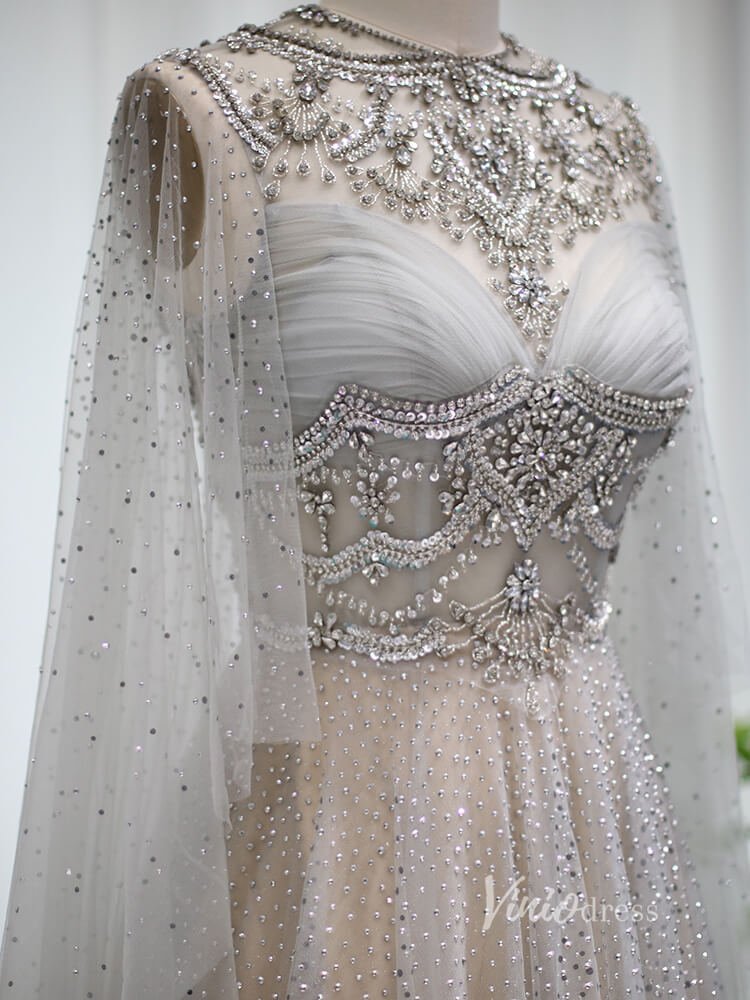 Silver Beaded A-line Prom Dresses Cape Sleeve FD2612-Evening Dresses 2025 -VINIODRESS-Silver-US2-