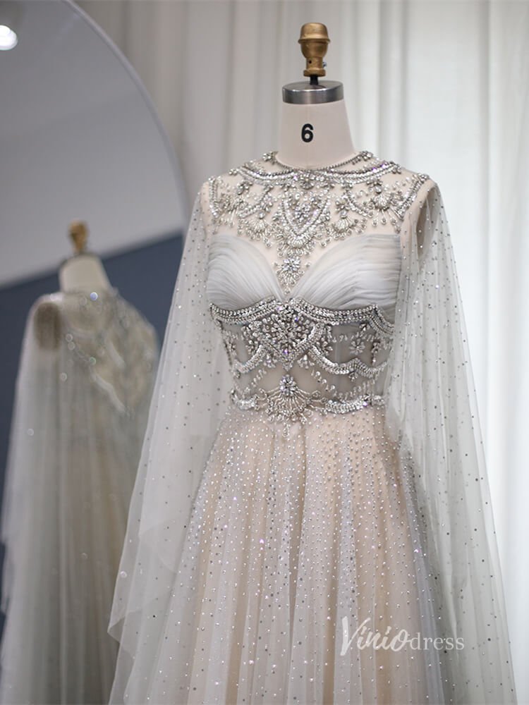 Silver Beaded A-line Prom Dresses Cape Sleeve FD2612-Evening Dresses 2025 -VINIODRESS-Silver-US2-
