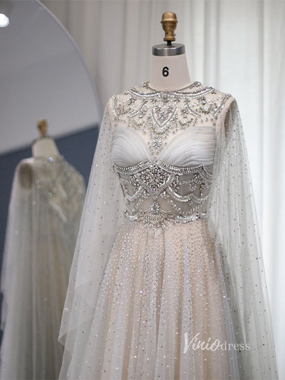 Silver Beaded A-line Prom Dresses Cape Sleeve FD2612-Evening Dresses 2025 -VINIODRESS-Silver-US2-