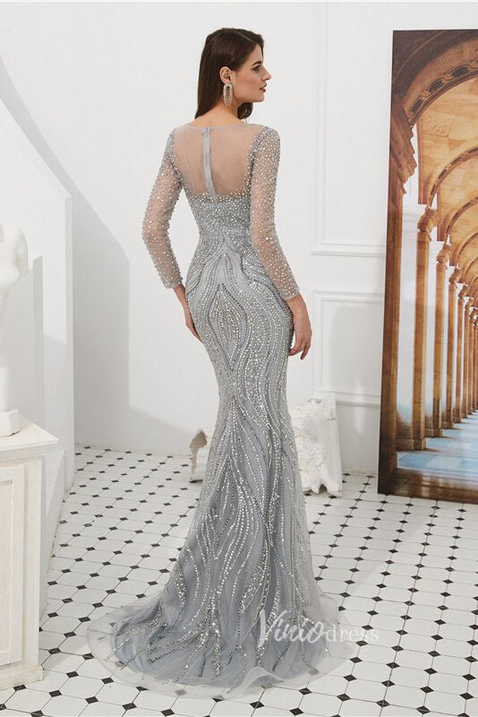 Silver Beaded Long Sleeve Evening Dresses Mermaid Boat Neck Pageant Dress FD3013-Evening Dresses 2025 -Viniodress-Silver-US 2-