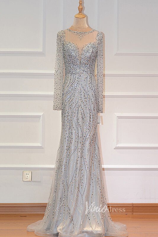 Silver Beaded Long Sleeve Evening Dresses Mermaid Boat Neck Pageant Dress FD3013-Evening Dresses 2025 -Viniodress-Silver-US 2-