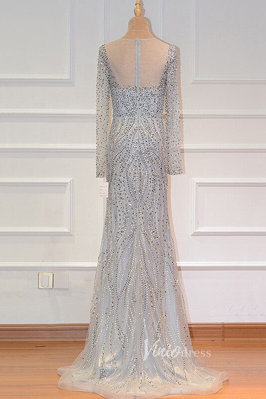 Silver Beaded Long Sleeve Evening Dresses Mermaid Boat Neck Pageant Dress FD3013-Evening Dresses 2025 -Viniodress-Silver-US 2-