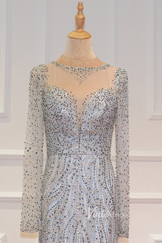 Silver Beaded Long Sleeve Evening Dresses Mermaid Boat Neck Pageant Dress FD3013-Evening Dresses 2025 -Viniodress-Silver-US 2-