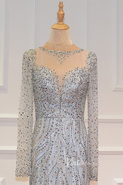 Silver Beaded Long Sleeve Evening Dresses Mermaid Boat Neck Pageant Dress FD3013-Evening Dresses 2025 -Viniodress-Silver-US 2-