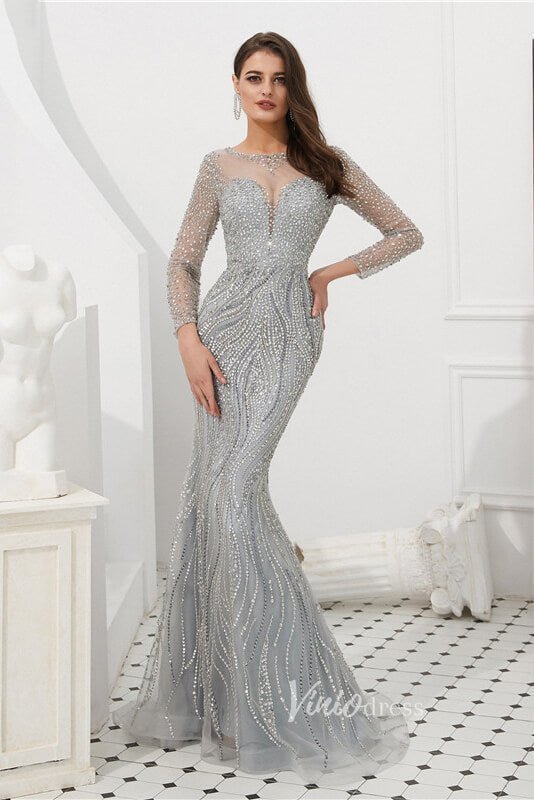 Silver Beaded Long Sleeve Evening Dresses Mermaid Boat Neck Pageant Dress FD3013-Evening Dresses 2025 -Viniodress-Silver-US 2-