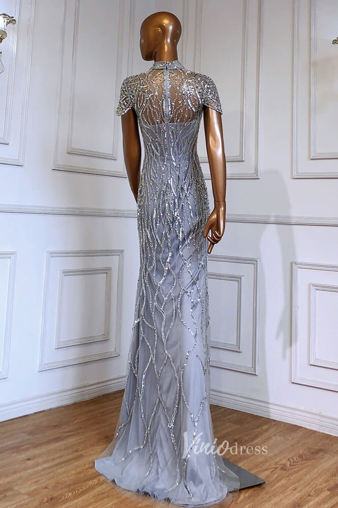 Silver Beaded Mermaid Evening Dresses High Neck Cap Sleeve Pageant Dress FD3012-Evening Dresses 2025 -Viniodress-Silver-US 2-