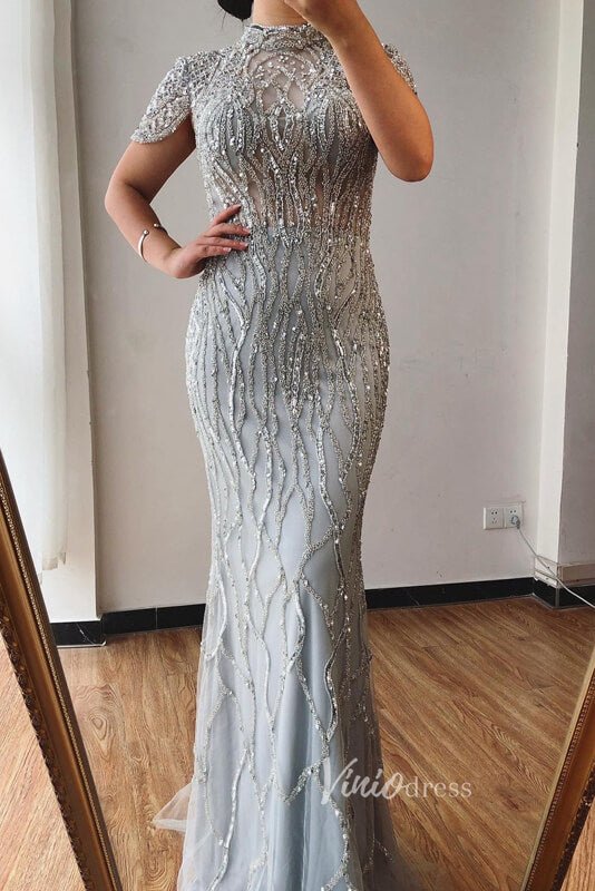 Silver Beaded Mermaid Evening Dresses High Neck Cap Sleeve Pageant Dress FD3012-Evening Dresses 2025 -Viniodress-Silver-US 2-