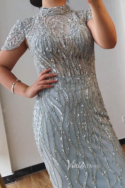Silver Beaded Mermaid Evening Dresses High Neck Cap Sleeve Pageant Dress FD3012-Evening Dresses 2025 -Viniodress-Silver-US 2-