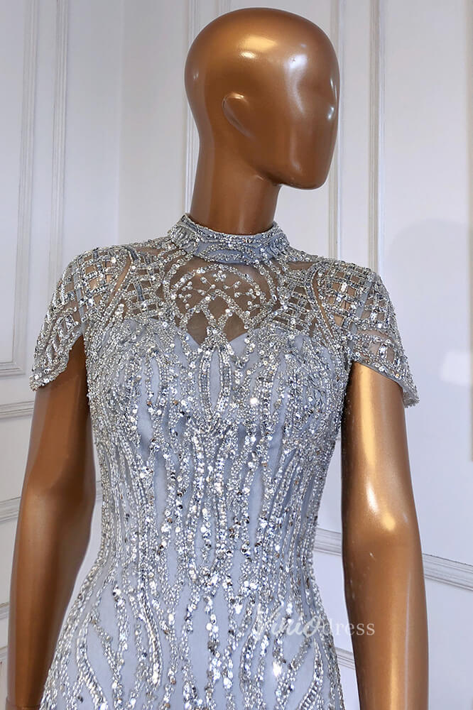 Silver Beaded Mermaid Evening Dresses High Neck Cap Sleeve Pageant Dress FD3012-Evening Dresses 2025 -Viniodress-Silver-US 2-