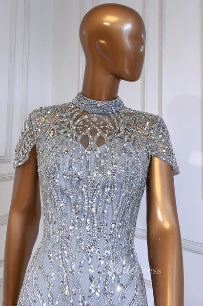 Silver Beaded Mermaid Evening Dresses High Neck Cap Sleeve Pageant Dress FD3012-Evening Dresses 2025 -Viniodress-Silver-US 2-