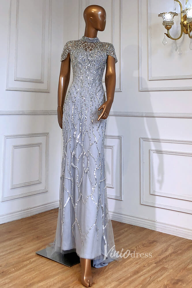 Silver Beaded Mermaid Evening Dresses High Neck Cap Sleeve Pageant Dress FD3012-Evening Dresses 2025 -Viniodress-Silver-US 2-
