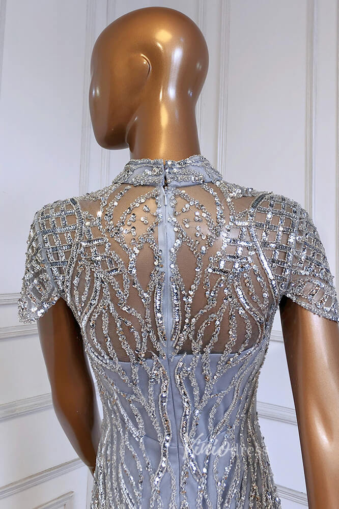 Silver Beaded Mermaid Evening Dresses High Neck Cap Sleeve Pageant Dress FD3012-Evening Dresses 2025 -Viniodress-Silver-US 2-