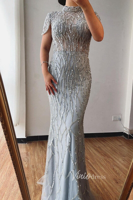 Prom Dress 2025 Silver Beaded Mermaid Evening Dresses High Neck Cap Sleeve Pageant Dress FD3012-unique prom dresses-Silver-US 2-Viniodress