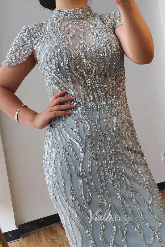 Prom Dress 2025 Silver Beaded Mermaid Evening Dresses High Neck Cap Sleeve Pageant Dress FD3012-unique prom dresses-Silver-US 2-Viniodress