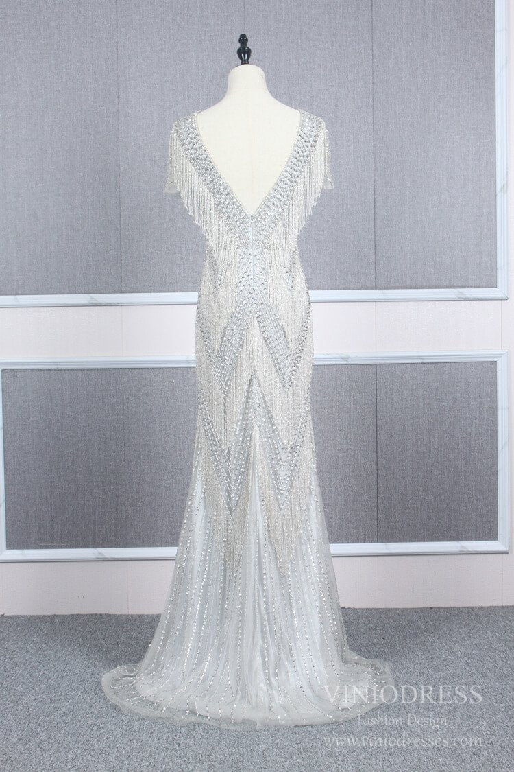 Silver Beaded Mermaid Prom Dresses Plunging V-neck Pageant Dress FD2465-Evening Dresses 2025 -Viniodress-Silver-US 2-