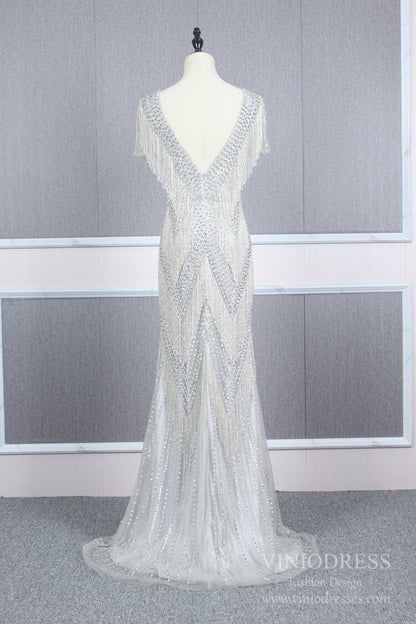 Silver Beaded Mermaid Prom Dresses Plunging V-neck Pageant Dress FD2465-Evening Dresses 2025 -Viniodress-Silver-US 2-