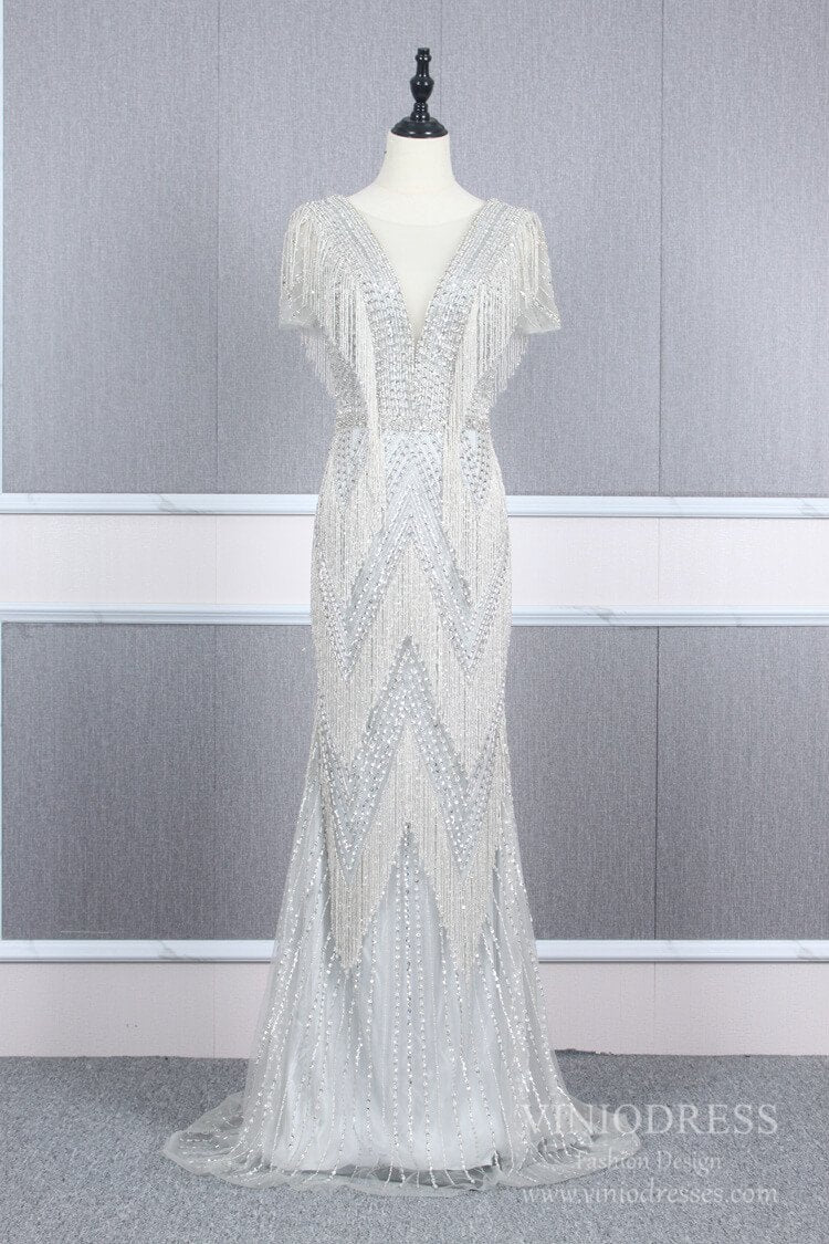 Silver Beaded Mermaid Prom Dresses Plunging V-neck Pageant Dress FD2465-Evening Dresses 2025 -Viniodress-Silver-US 2-