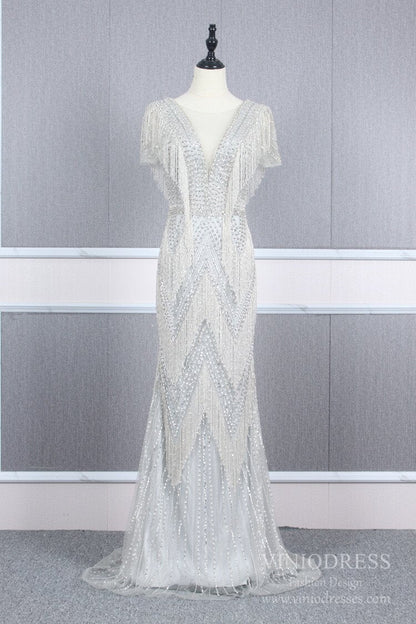 Silver Beaded Mermaid Prom Dresses Plunging V-neck Pageant Dress FD2465-Evening Dresses 2025 -Viniodress-Silver-US 2-