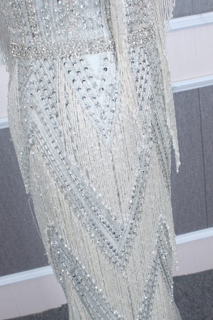 Silver Beaded Mermaid Prom Dresses Plunging V-neck Pageant Dress FD2465-Evening Dresses 2025 -Viniodress-Silver-US 2-