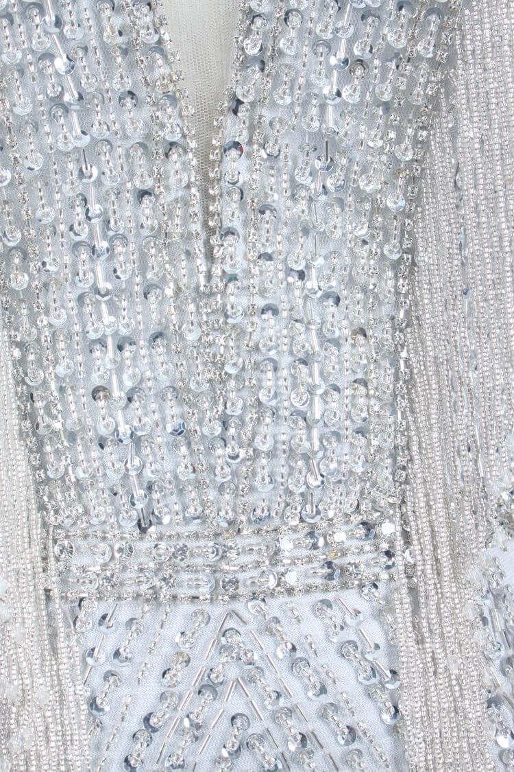 Silver Beaded Mermaid Prom Dresses Plunging V-neck Pageant Dress FD2465-Evening Dresses 2025 -Viniodress-Silver-US 2-