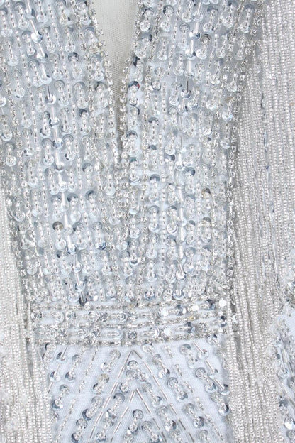 Silver Beaded Mermaid Prom Dresses Plunging V-neck Pageant Dress FD2465-Evening Dresses 2025 -Viniodress-Silver-US 2-