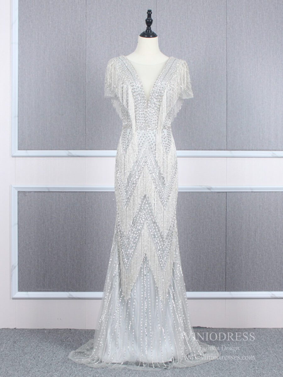 Silver Beaded Mermaid Prom Dresses Plunging V-neck Pageant Dress FD2465-Evening Dresses 2025 -Viniodress-Silver-US 2-