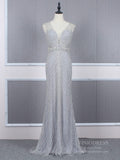 Silver Beaded Prom Dresses Gray Sheath 20s Evening Dress FD2467