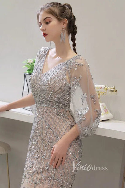Silver Beaded Prom Dresses Sheath 20s Evening Dress Kimono Sleeves FD2610-Evening Dresses 2025 -VINIODRESS-Silver-US2-