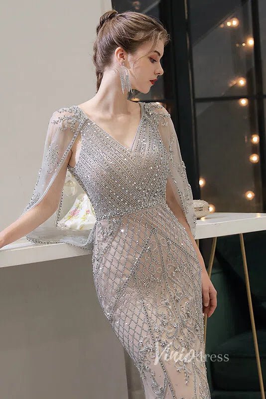 Silver Beaded Prom Dresses Sheath 20s Evening Dress Kimono Sleeves FD2610-Evening Dresses 2025 -VINIODRESS-Silver-US2-