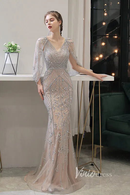 Silver Beaded Prom Dresses Sheath 20s Evening Dress Kimono Sleeves FD2610-Evening Dresses 2025 -VINIODRESS-Silver-US2-
