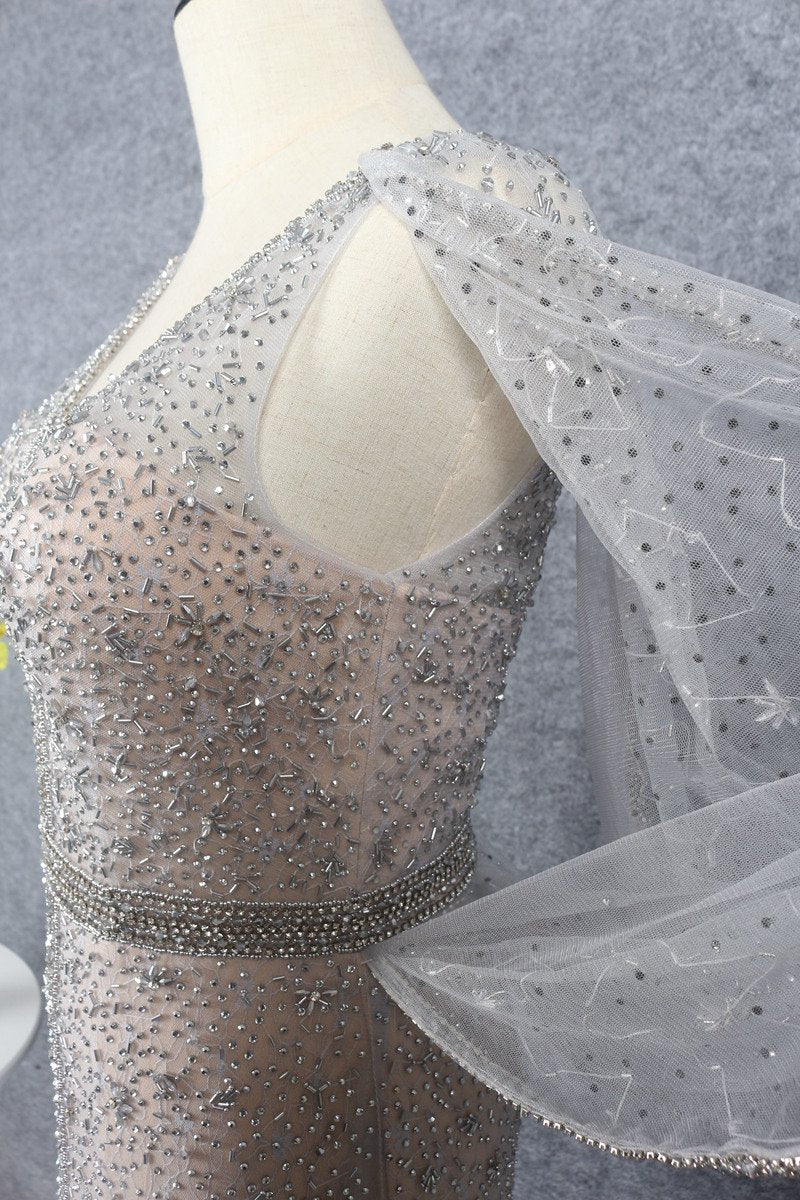 Silver Beaded Prom Dresses V-neck Long Sleeve Evening Dress FD2611-Evening Dresses 2025 -VINIODRESS-Champagne-US2-