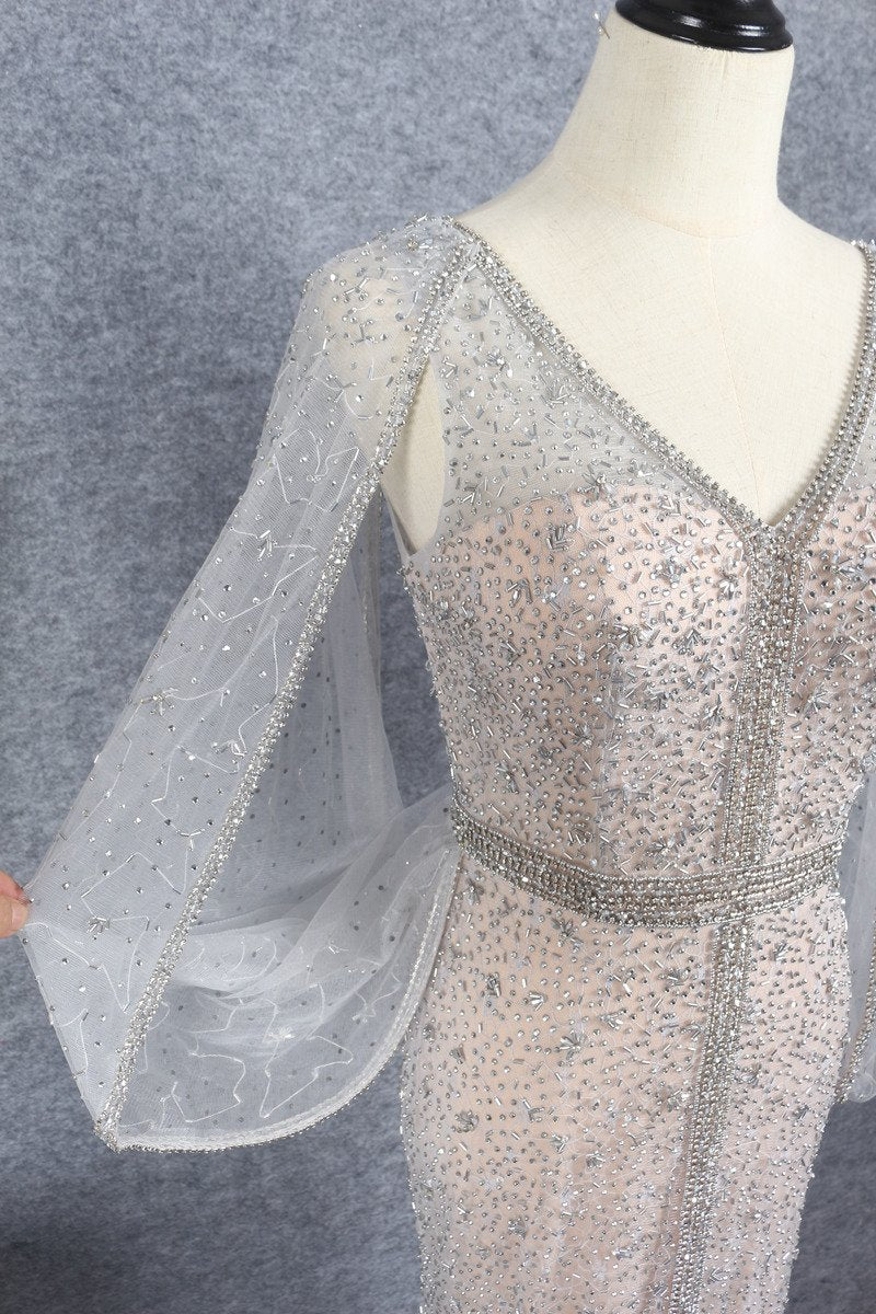 Silver Beaded Prom Dresses V-neck Long Sleeve Evening Dress FD2611-Evening Dresses 2025 -VINIODRESS-Champagne-US2-