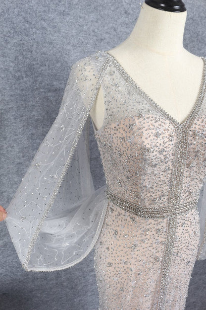 Silver Beaded Prom Dresses V-neck Long Sleeve Evening Dress FD2611-Evening Dresses 2025 -VINIODRESS-Champagne-US2-