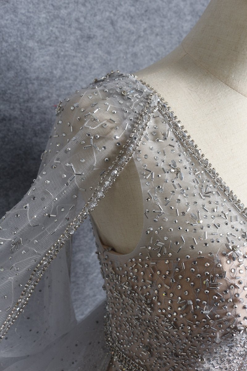 Silver Beaded Prom Dresses V-neck Long Sleeve Evening Dress FD2611-Evening Dresses 2025 -VINIODRESS-Champagne-US2-