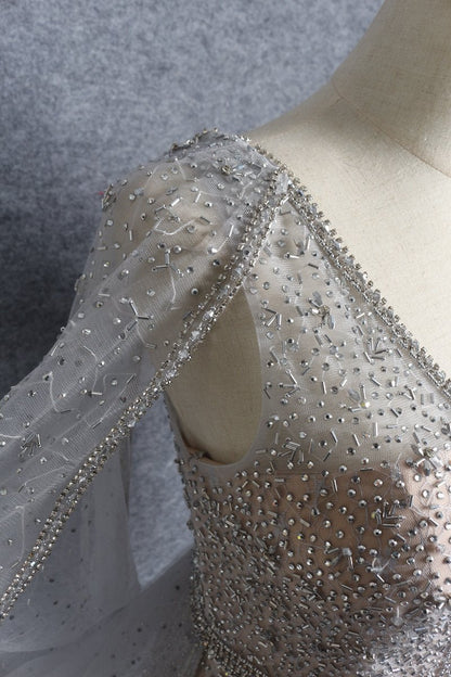 Silver Beaded Prom Dresses V-neck Long Sleeve Evening Dress FD2611-Evening Dresses 2025 -VINIODRESS-Champagne-US2-