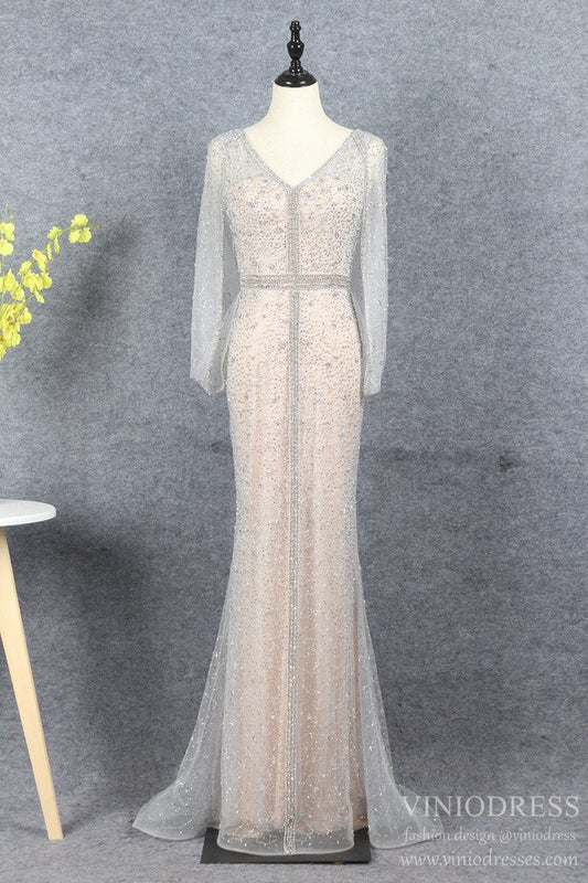Silver Beaded Prom Dresses V-neck Long Sleeve Evening Dress FD2611-Evening Dresses 2025 -VINIODRESS-Champagne-US2-