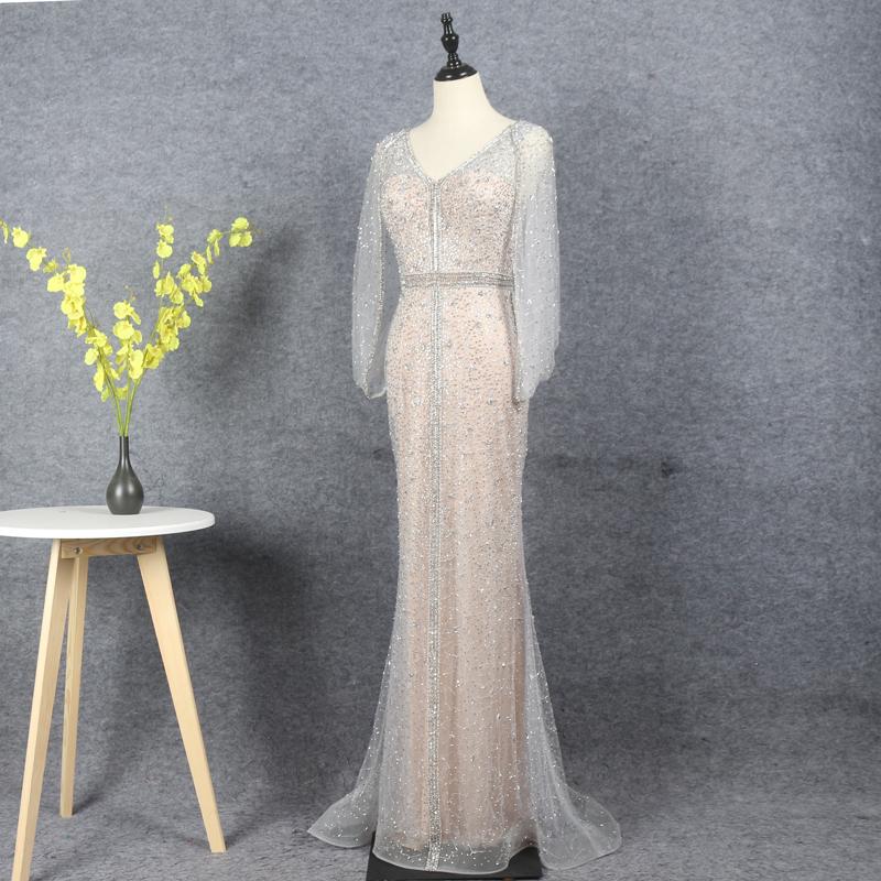 Prom Dress 2025 Silver Beaded Prom Dresses V-neck Long Sleeve Evening Dress FD2611-unique Prom Dresses-Champagne-US2-Viniodress